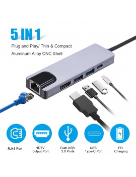 5 in 1 USB Hubs Adapter Type-C PD USB Charging Port Dual USB 3.0 RJ45 HDTV output Ports Compatible with Samsung Huawei MacBook